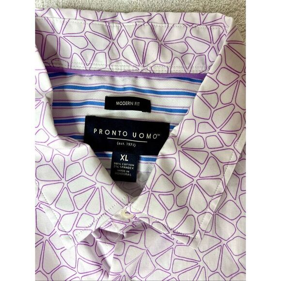 Pronto Uomo Hawaiian Shirt Mens Purple & White  Floral Short Sleeves Sz XL NWT - Picture 5 of 6